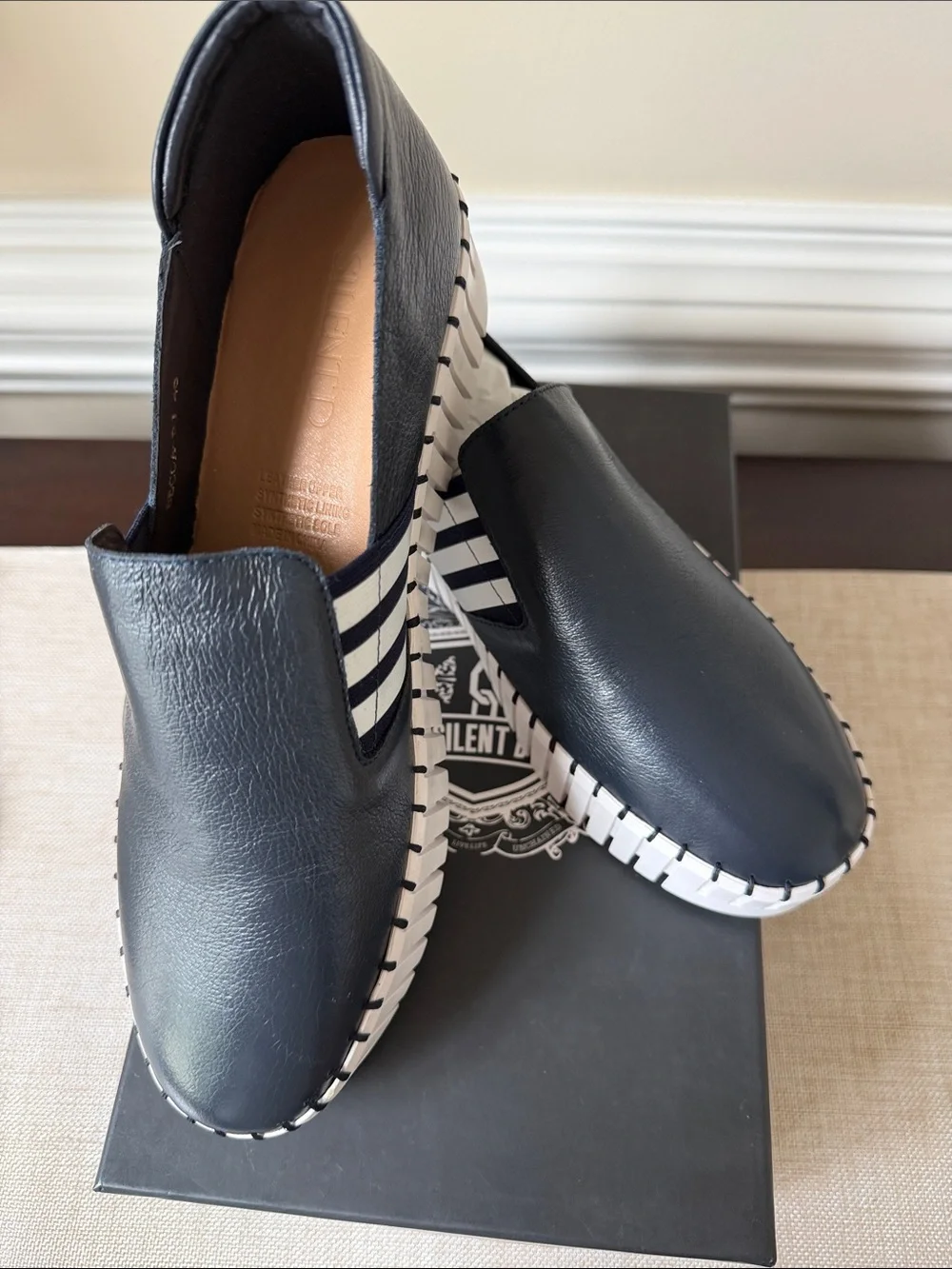 Silent D Women’s  Navy Slip-On Leather Platform Sneakers - White Sole